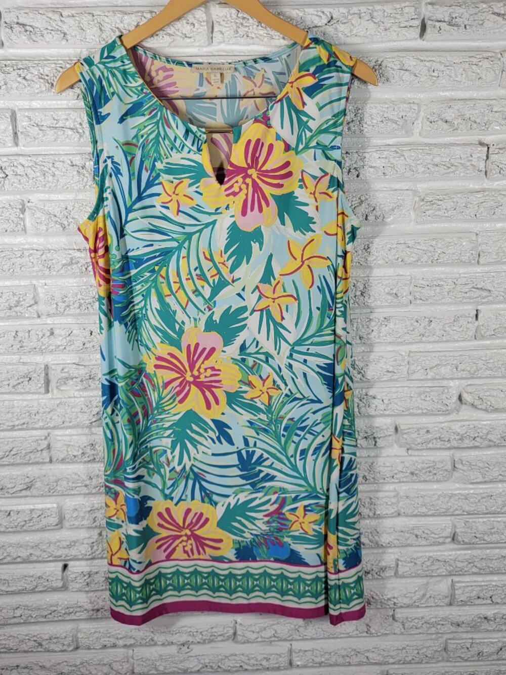 Maria Gabrielle Women XL Floral Dress Blue Yellow Stretch Mini Keyhole FLO280E